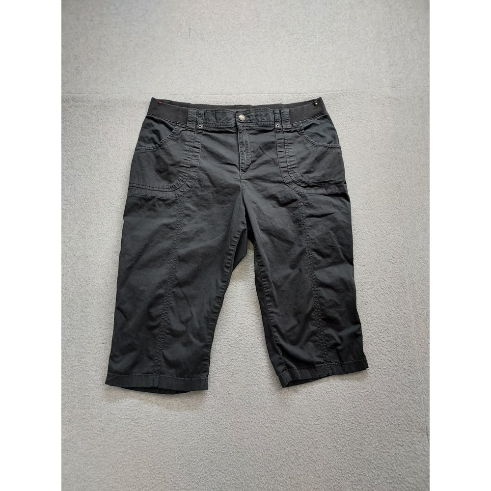 Lee Women Cargo Capri Pants 14 Black Zip Snap Elastic Waist Pockets Logo Casual